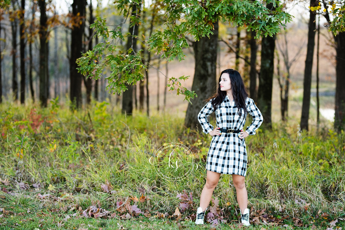 Fall evening senior portrait session in Amana + Kent Park Iowa with stylish senior girl photographed  by Iowa Senior photographer KS Photography