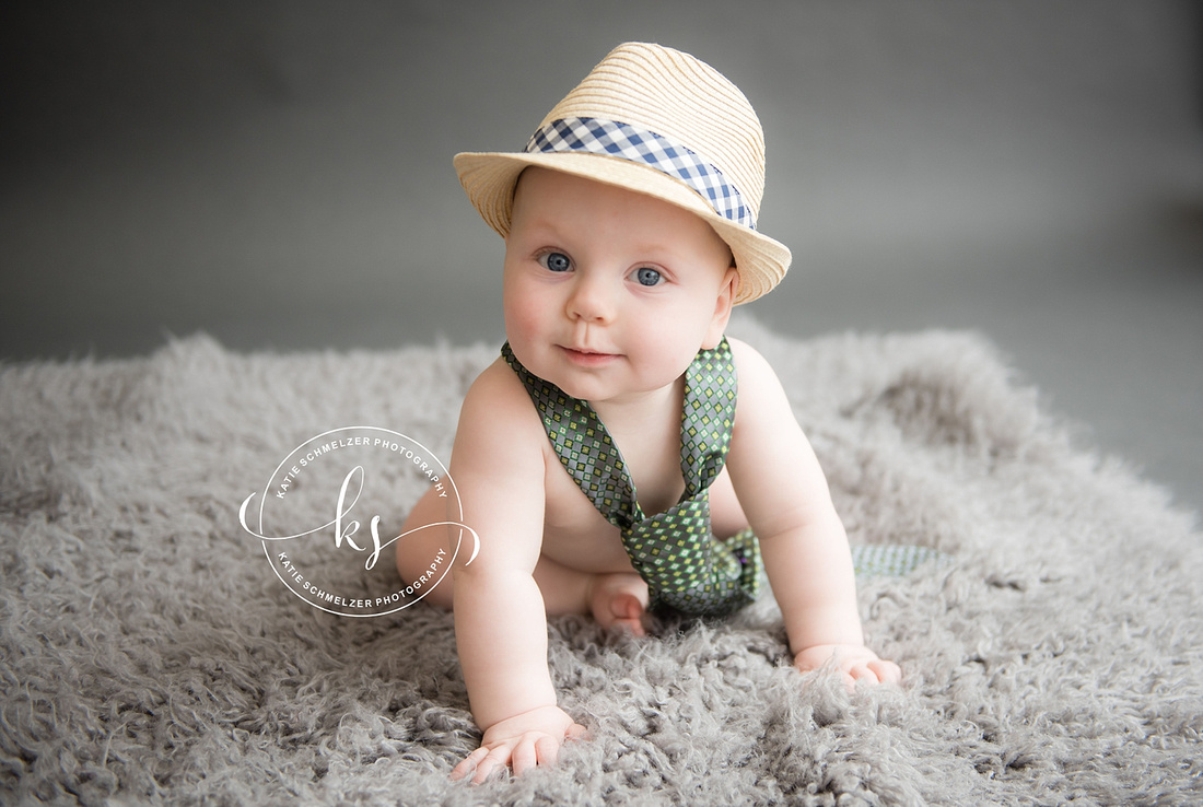 9 Month Milestone Portraits of Iowa Baby Boy in hat and tie by IA Newborn + Milestone Photographer KS Photography