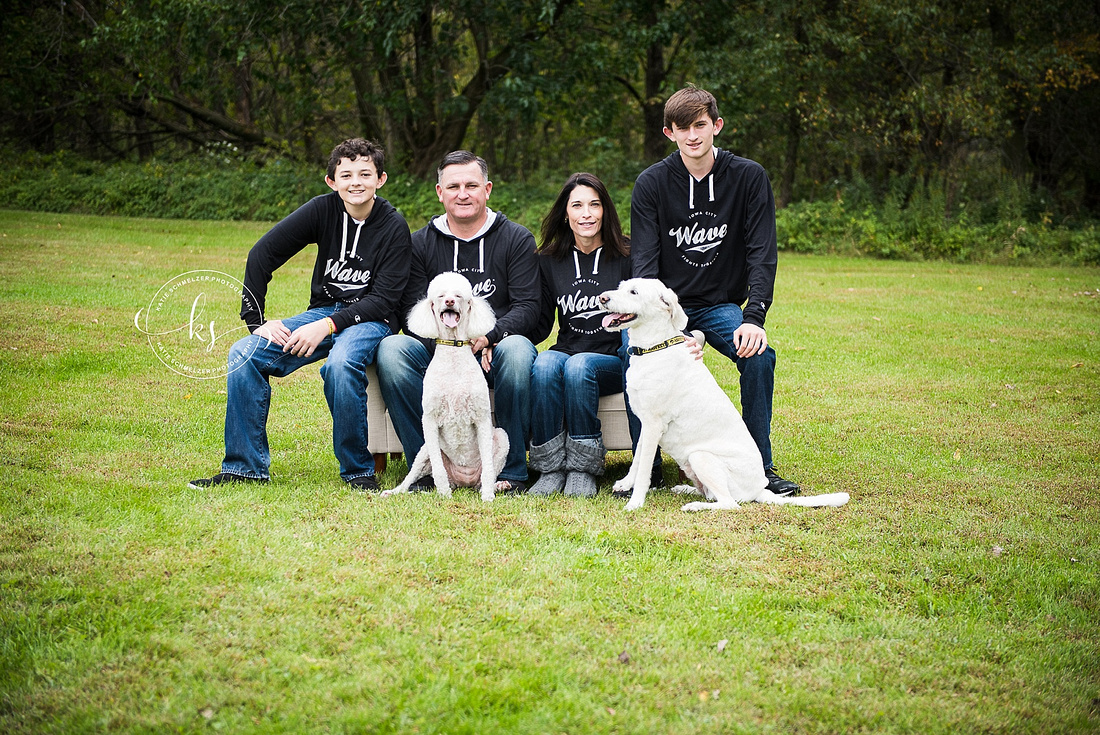 Iowa Family portraits with WAVE shirts and white dogs by KS Photography