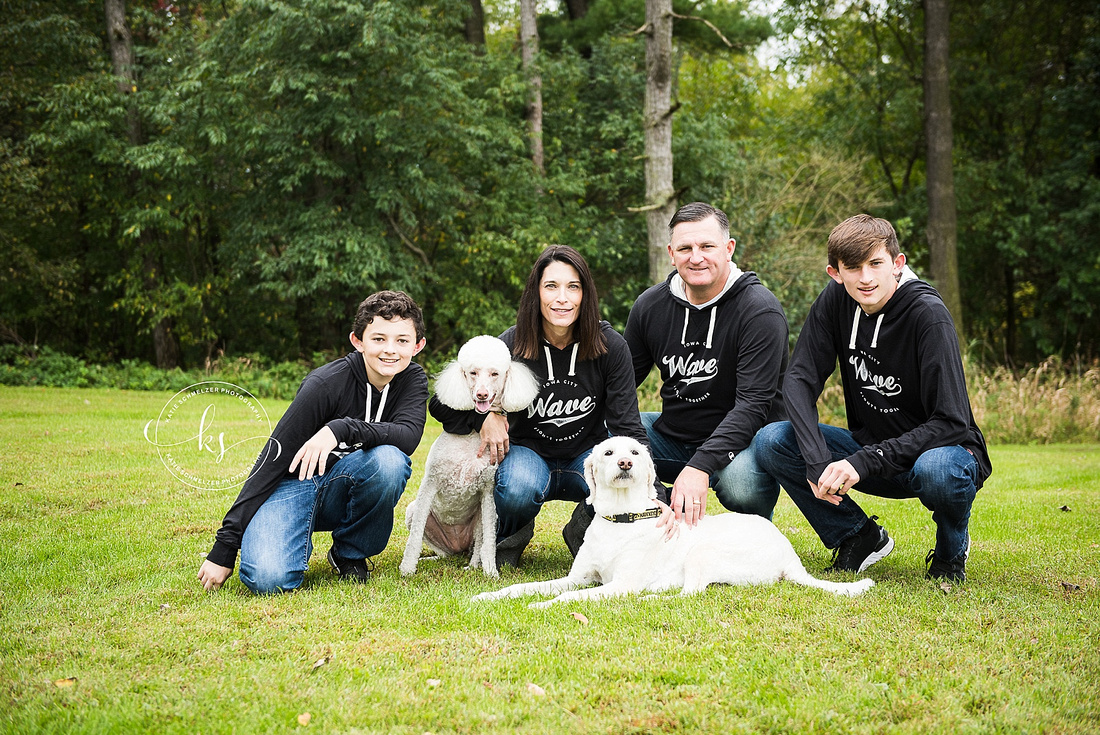 Iowa Family portraits with WAVE shirts and white dogs by KS Photography