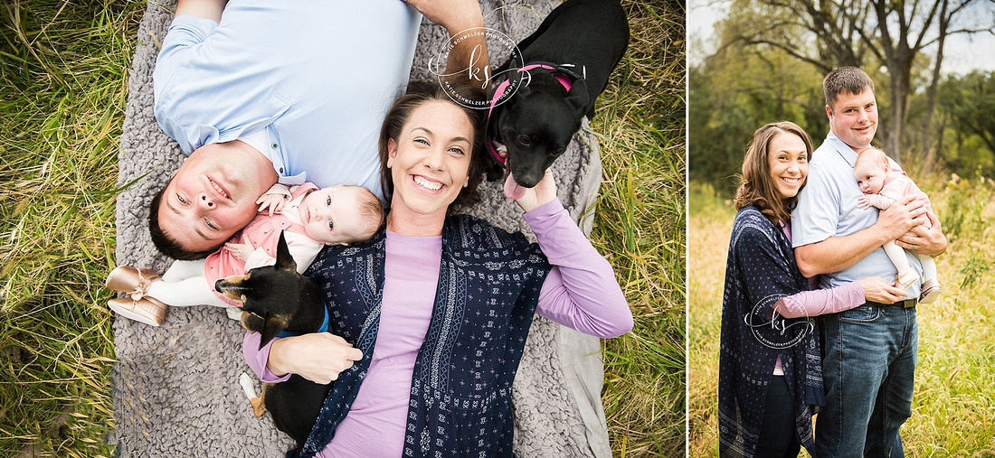 Iowa family portraits with family dogs and baby girl by Tiffin IA family photographer KS Photography