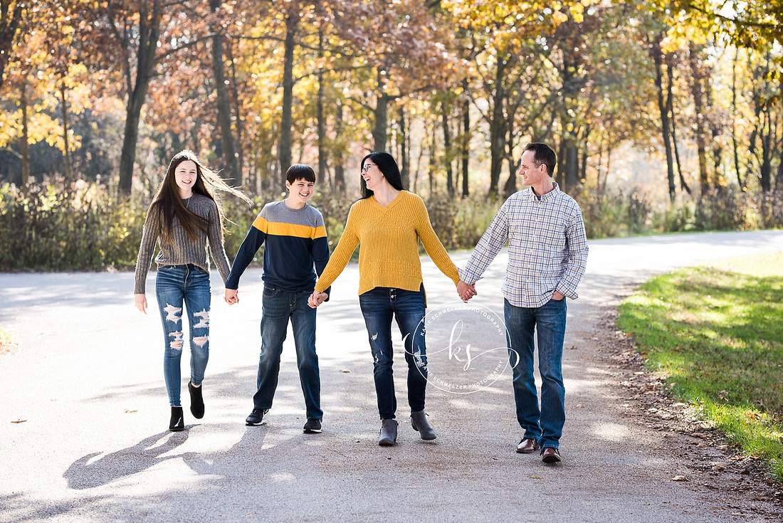 Fall family portraits with color scheme of blue, gold, and grey by Iowa family photographer KS Photography