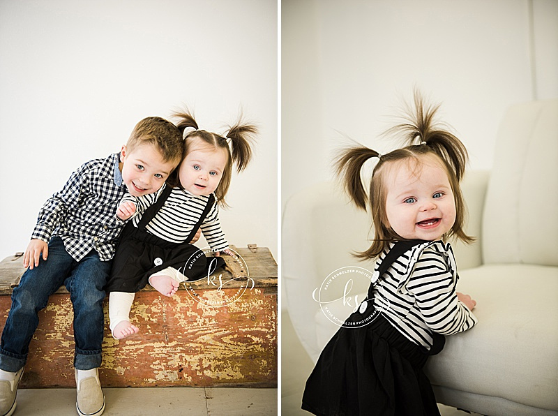 First birthday portraits for baby girl in downtown studio with Iowa family photographer KS Photography