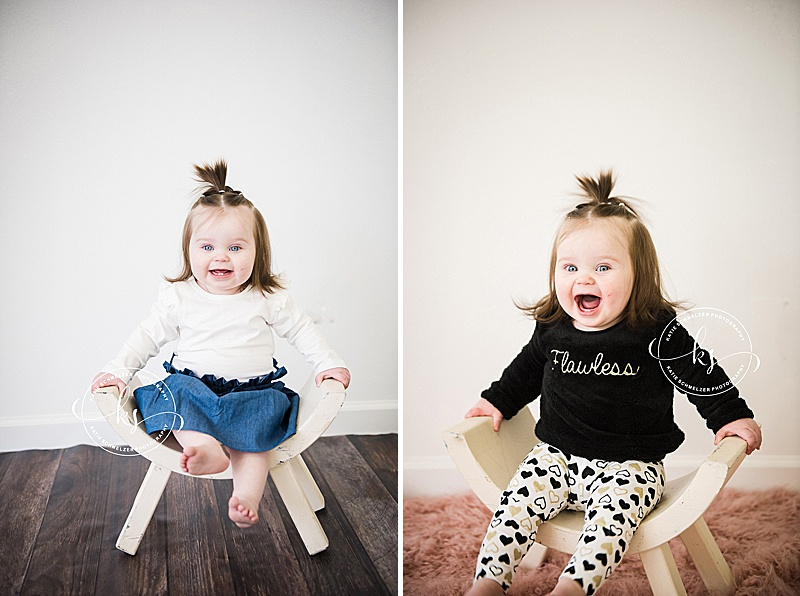 First birthday portraits for baby girl in downtown studio with Iowa family photographer KS Photography