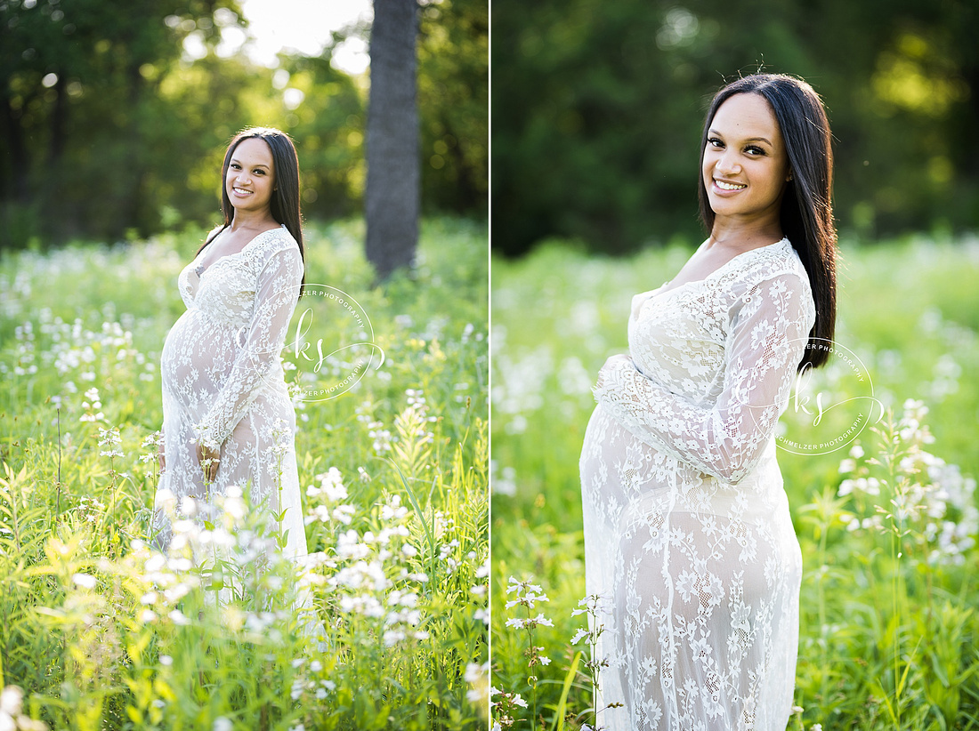 Classic summer maternity session in Iowa field with mom in white gown photographed by Tiffin IA photographer, KS Photography.