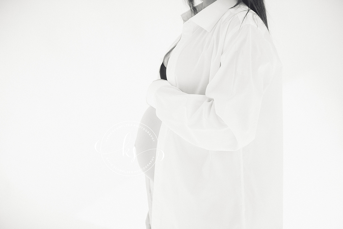 Classic summer maternity session in Iowa field with mom in white gown photographed by Tiffin IA photographer, KS Photography.