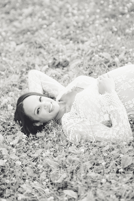 Classic summer maternity session in Iowa field with mom in white gown photographed by Tiffin IA photographer, KS Photography.