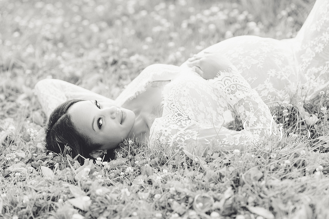 Classic summer maternity session in Iowa field with mom in white gown photographed by Tiffin IA photographer, KS Photography.