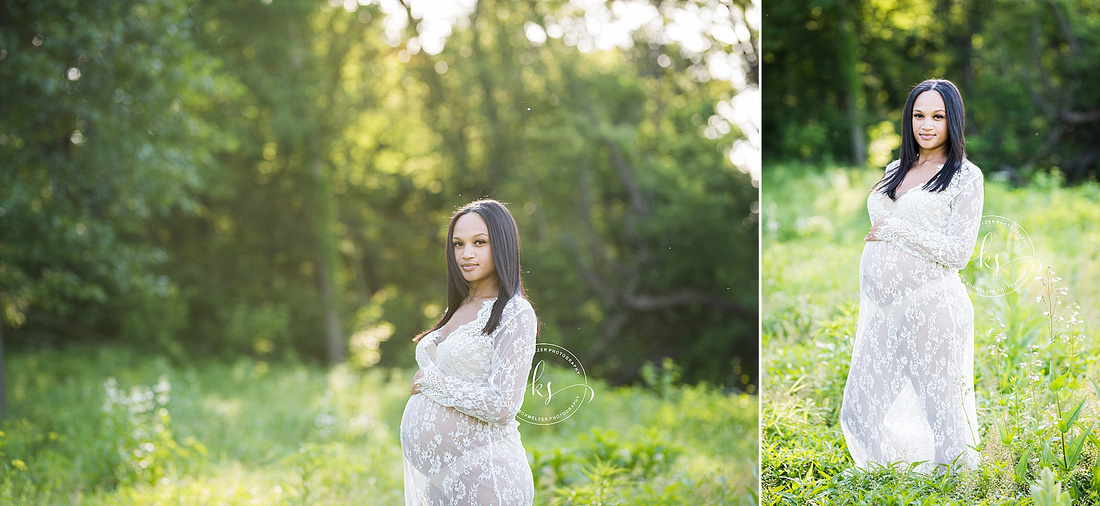 Classic summer maternity session in Iowa field with mom in white gown photographed by Tiffin IA photographer, KS Photography.