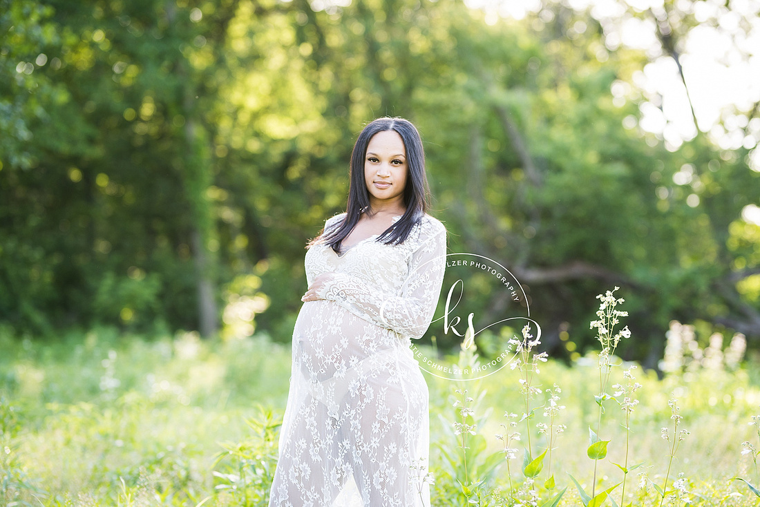 Classic summer maternity session in Iowa field with mom in white gown photographed by Tiffin IA photographer, KS Photography.