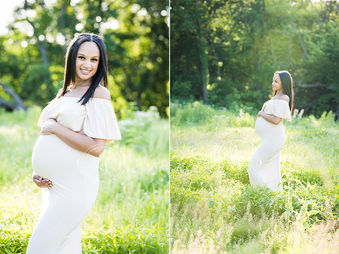 Classic summer maternity session in Iowa field with mom in white gown photographed by Tiffin IA photographer, KS Photography.