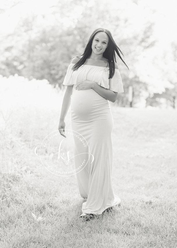 Classic summer maternity session in Iowa field with mom in white gown photographed by Tiffin IA photographer, KS Photography.