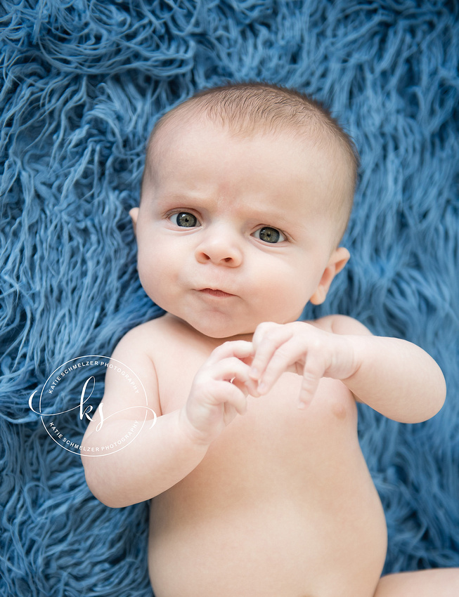 3 Month Milestone session with baby boy and KS Photography in Iowa studio